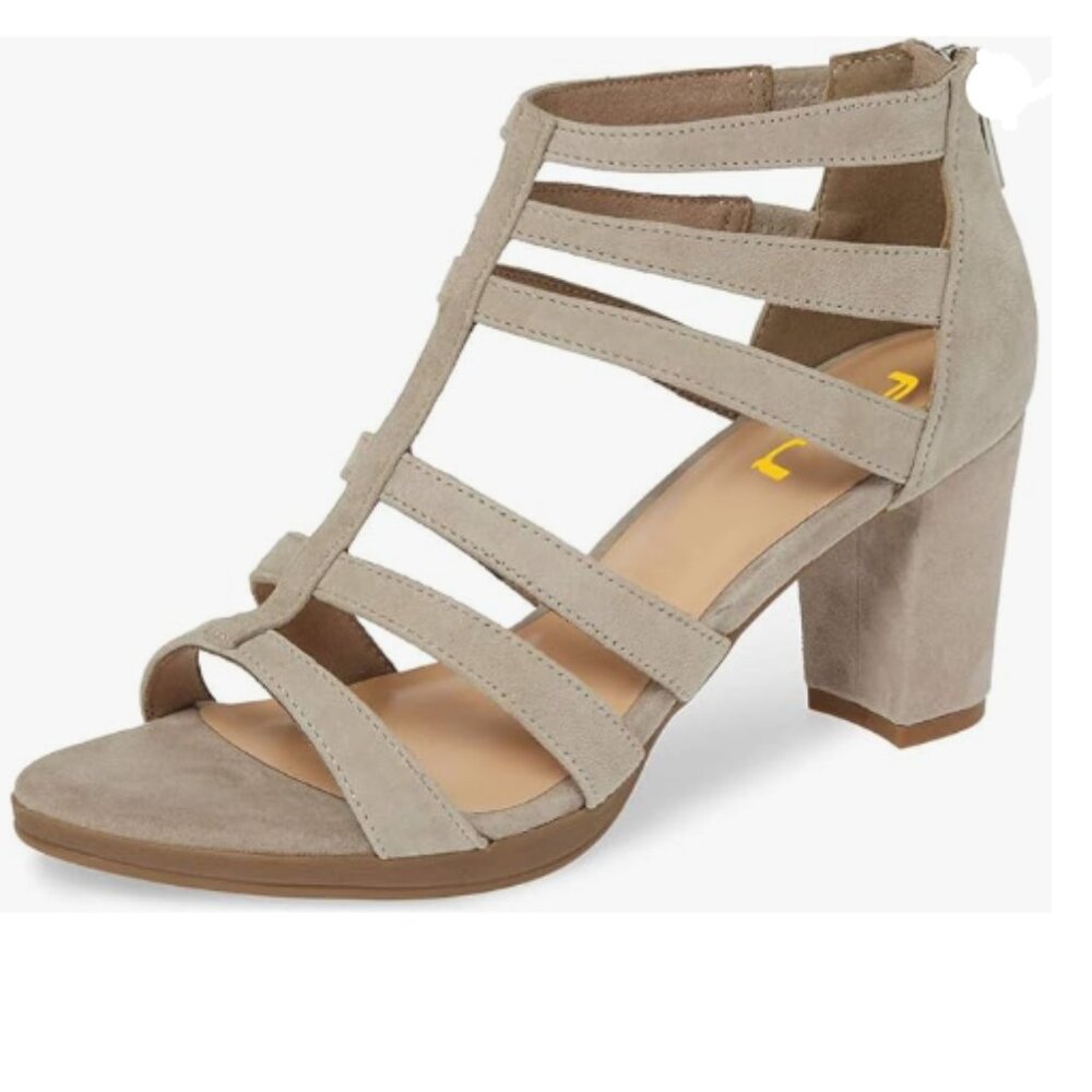 FSJ Beige Chunky High Heel Sandals Open Toe T-Strap Cutout Dress Party Shoes